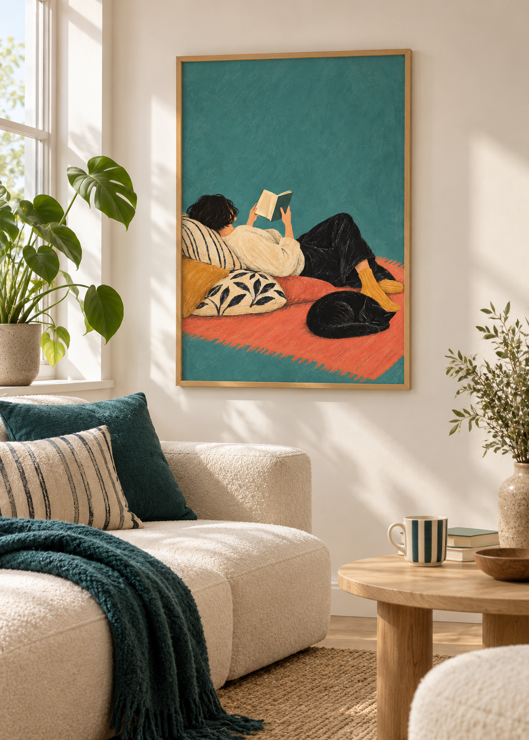 Sunday Repose framed art print in a modern reading corner