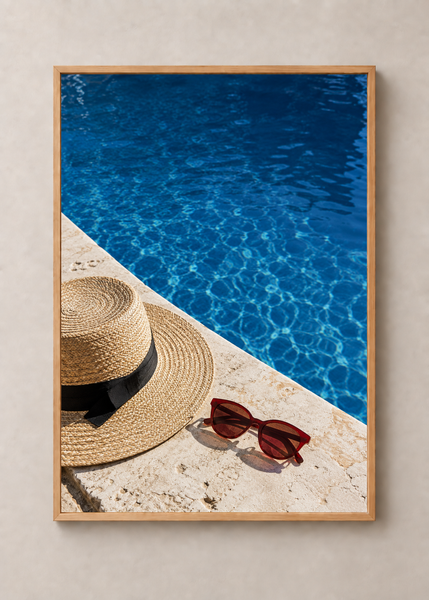 Sunhat by the Pool art print in a natural wood 50 x 70 cm frame