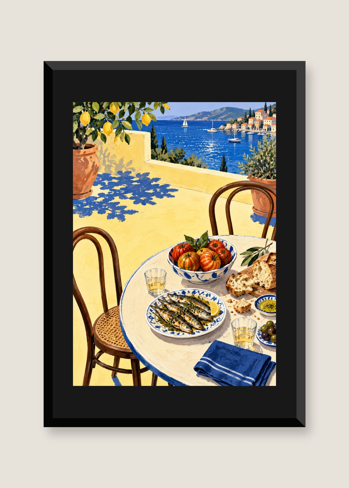 Supper by the Harbour, Black mat with black frame