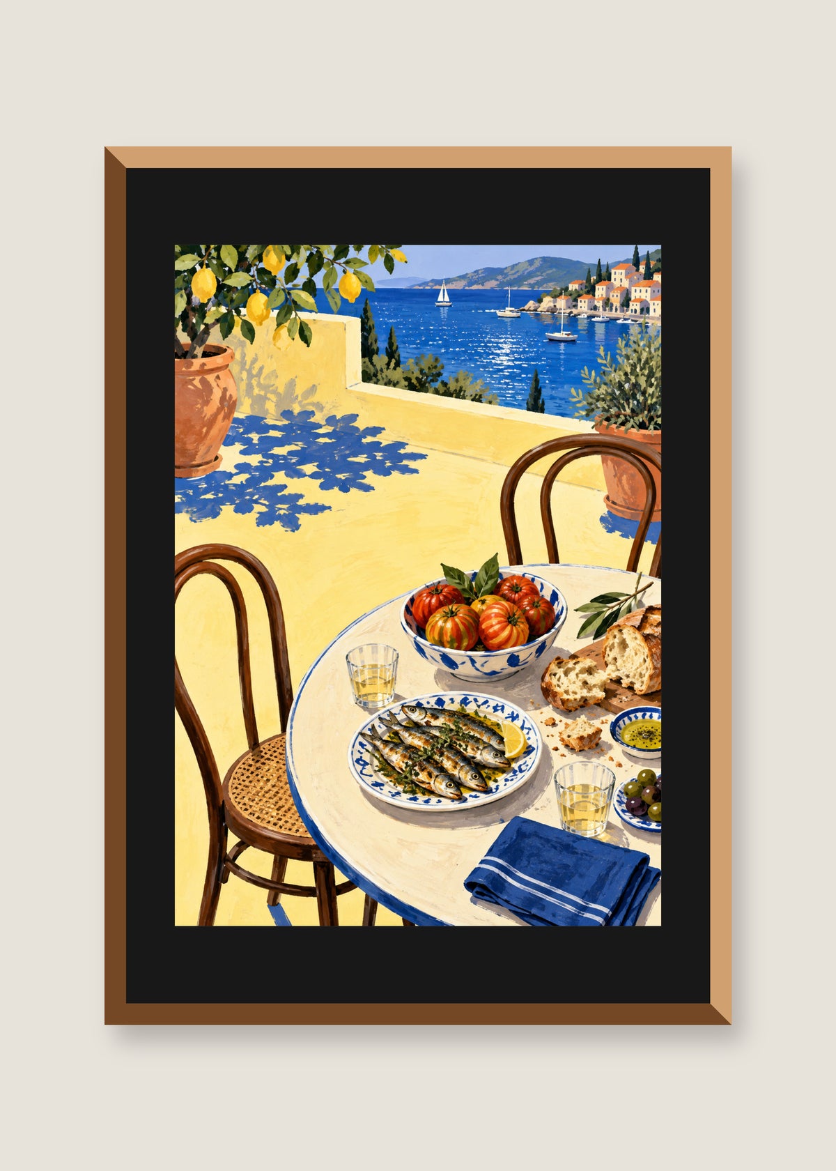 Supper by the Harbour, Black mat with natural oak frame
