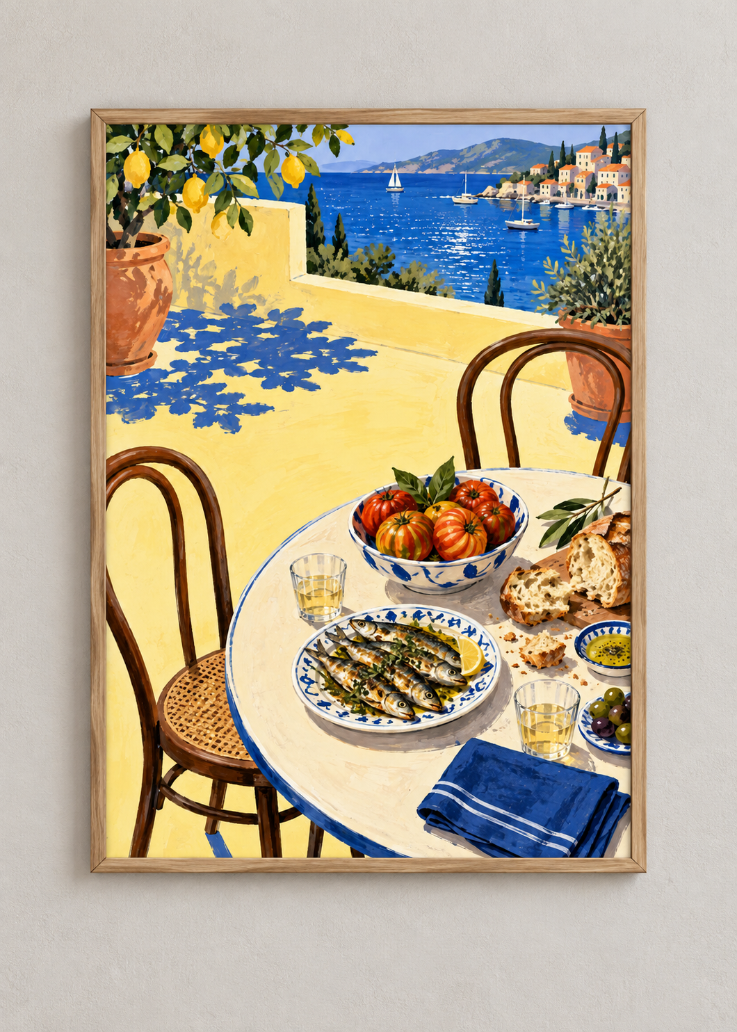 Supper by the Harbour framed natural oak 50 x 70 cm art print