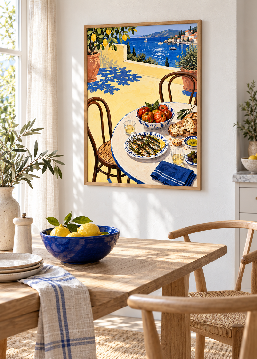 Supper by the Harbour framed art print in a Scandinavian kitchen