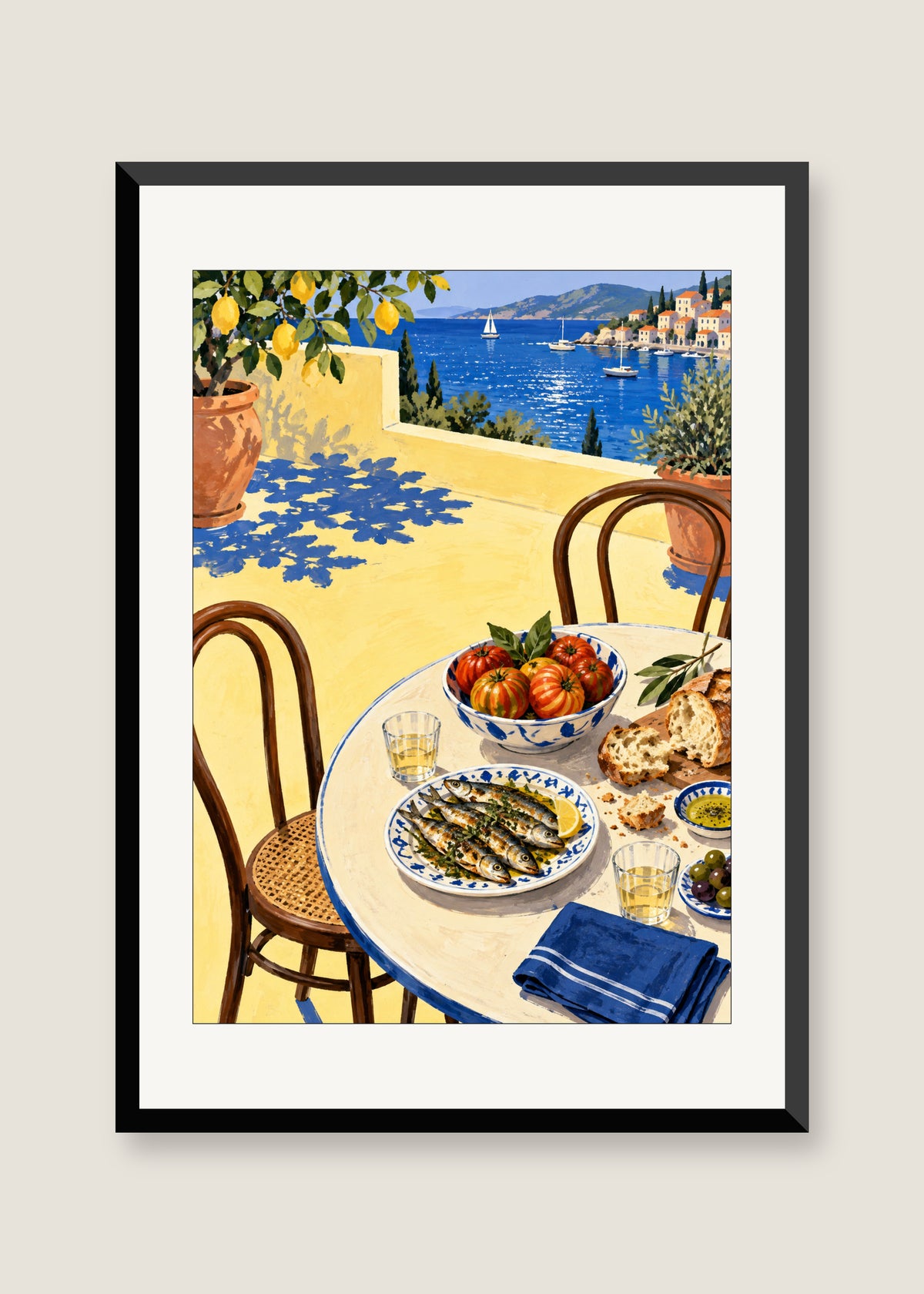 Supper by the Harbour, White mat with black frame