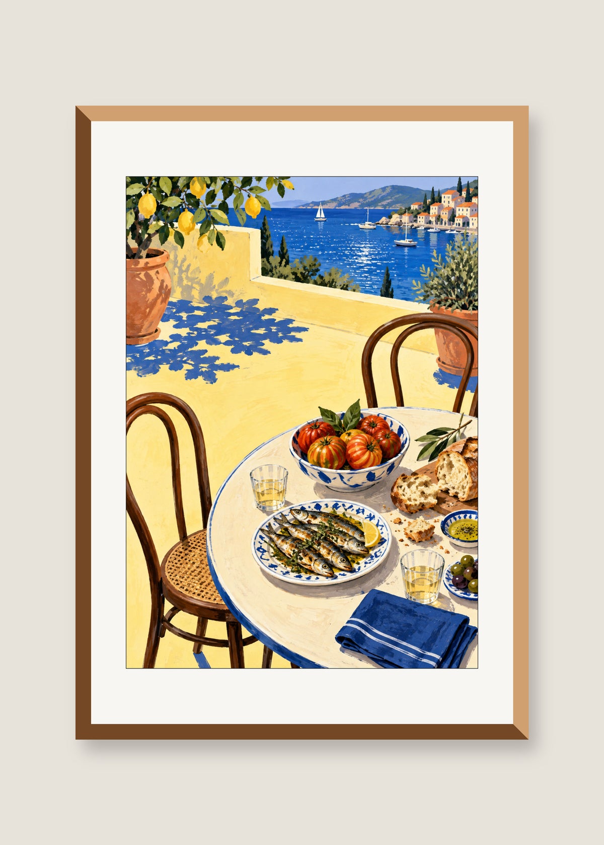 Supper by the Harbour, White mat with natural oak frame