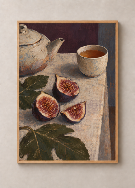 Tea with Figs, framed 50 by 70 centimetre art print in natural wood