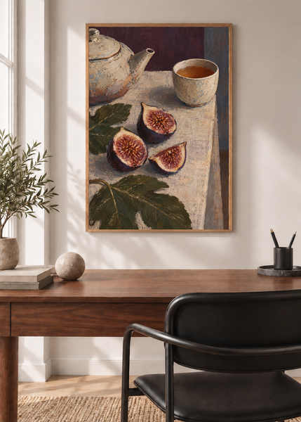 Tea with Figs, framed 50 by 70 centimetre art print styled in a modern interior