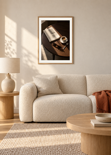 The Daily Ritual, oak framed lifestyle room presentation with white mat