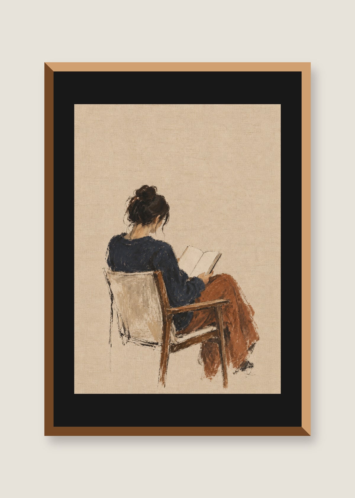 The Quiet Reader, Black mat with natural oak frame