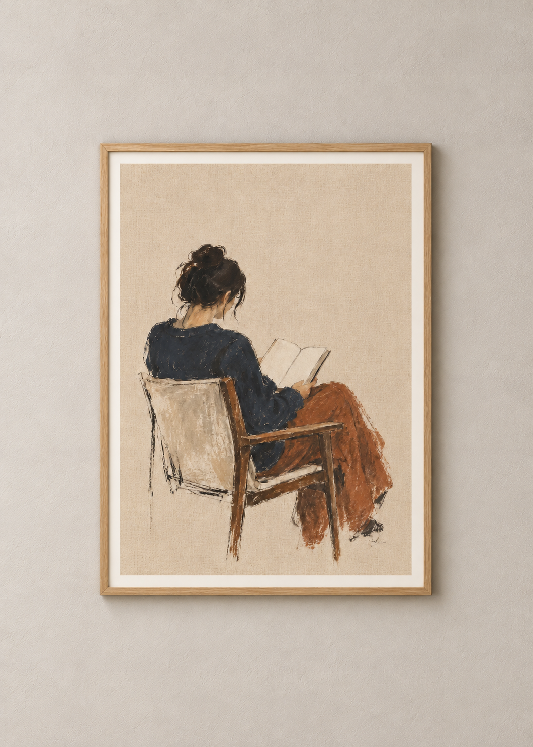 The Quiet Reader in a natural oak frame, 50 x 70 cm