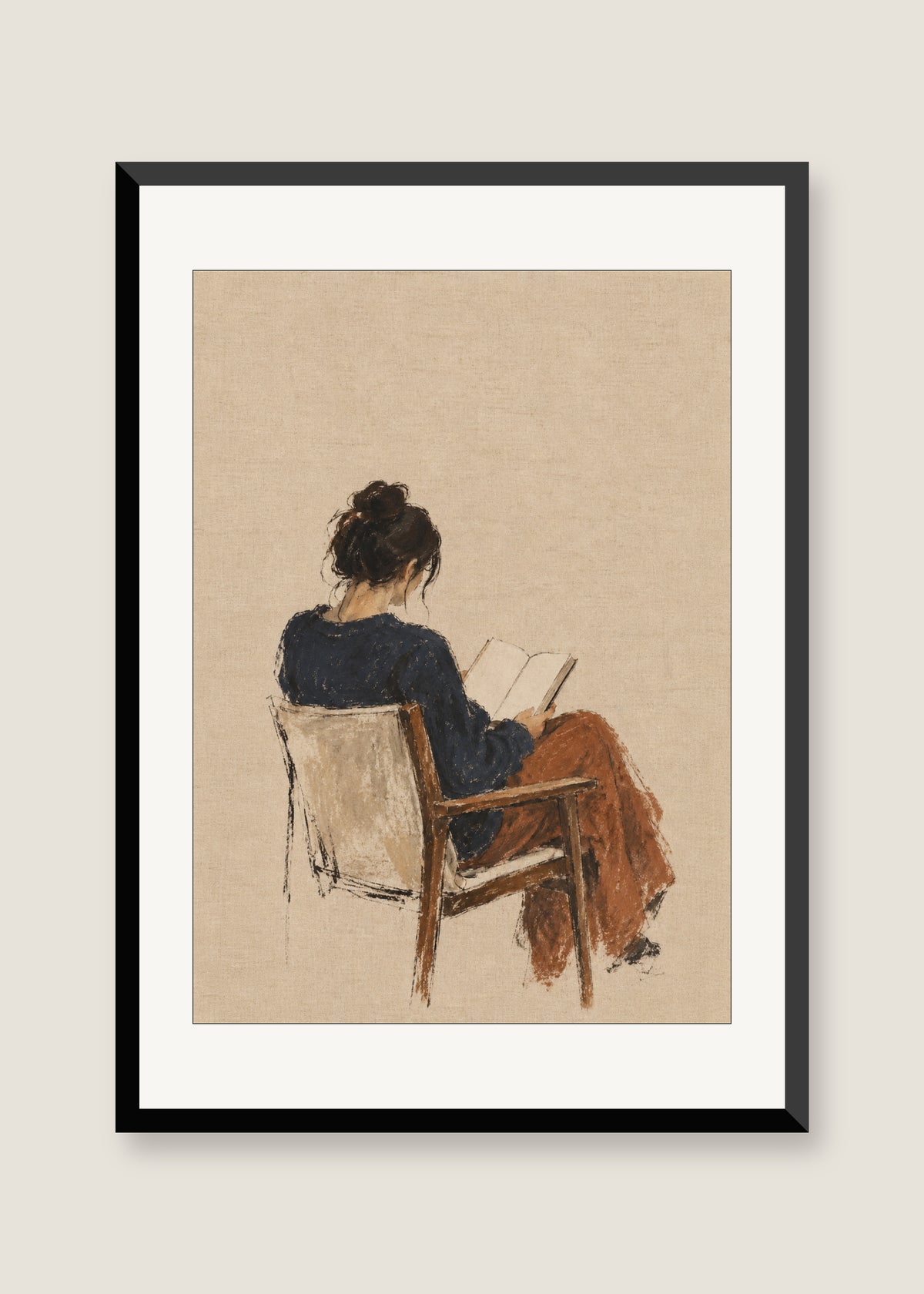 The Quiet Reader, White mat with black frame