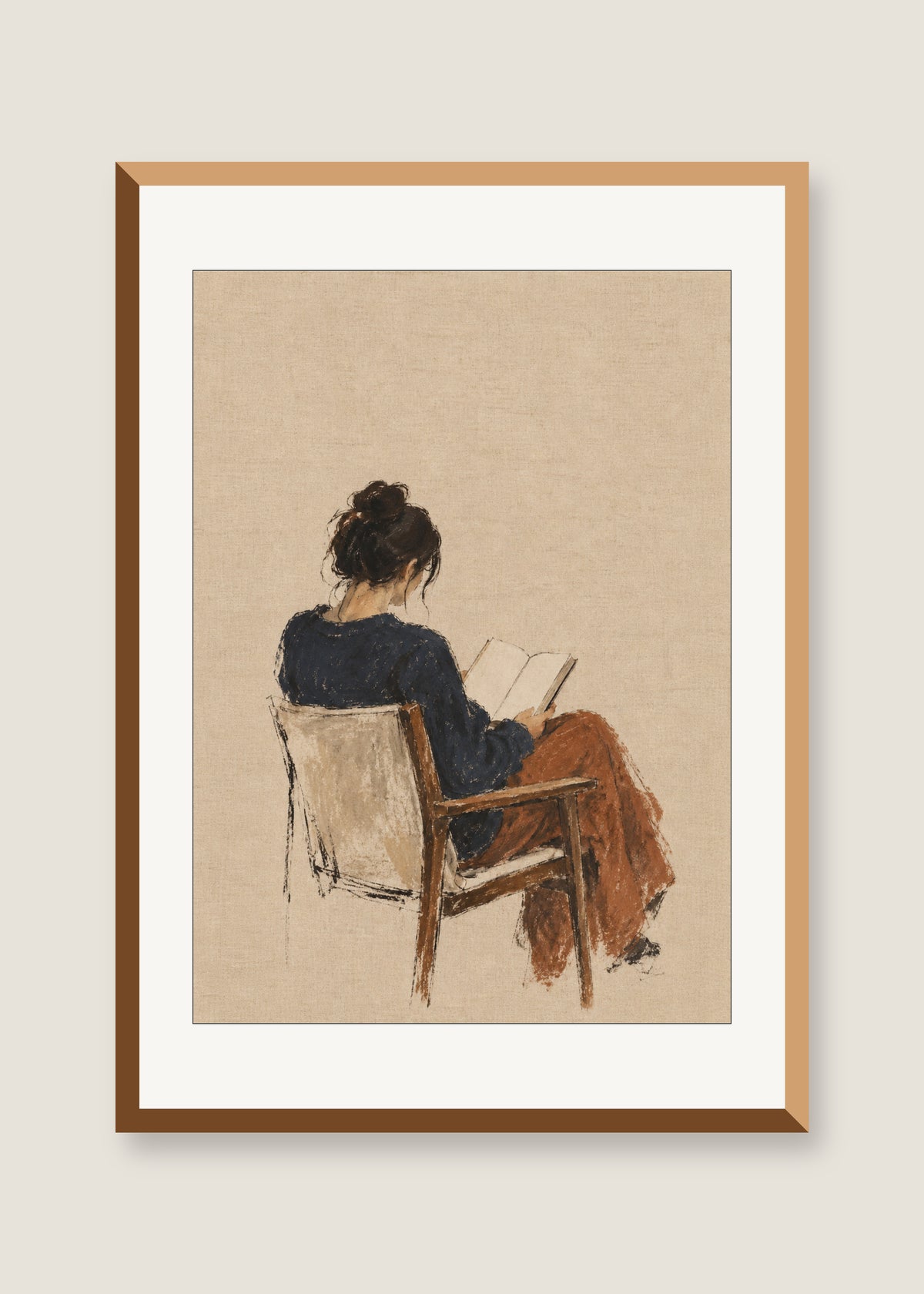 The Quiet Reader, White mat with natural oak frame