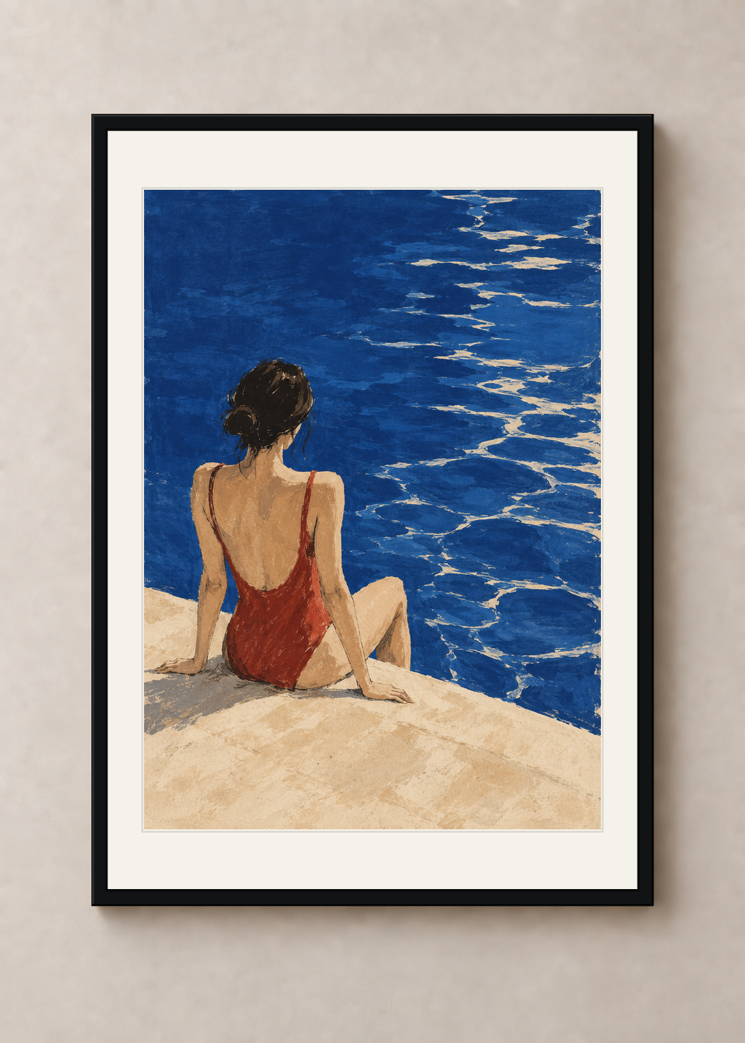 The Red Swimmer, black Classic frame with Snow White mount, shown at 50 x 70 cm
