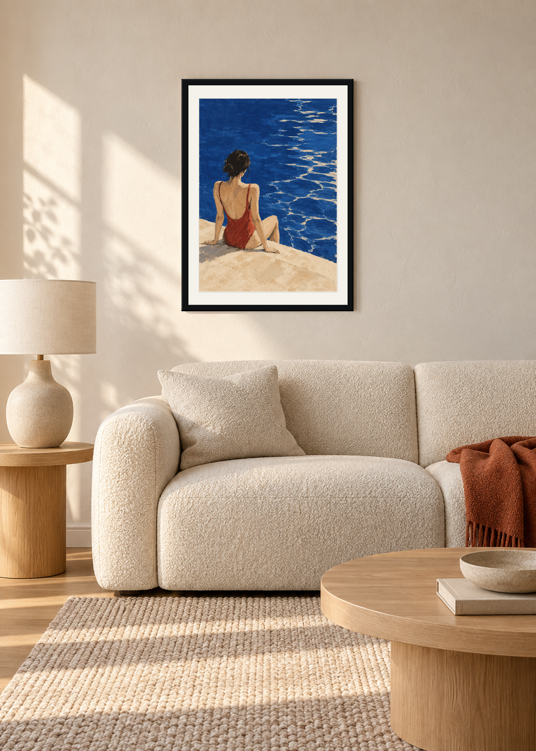 The Red Swimmer, black framed lifestyle presentation with Snow White mount