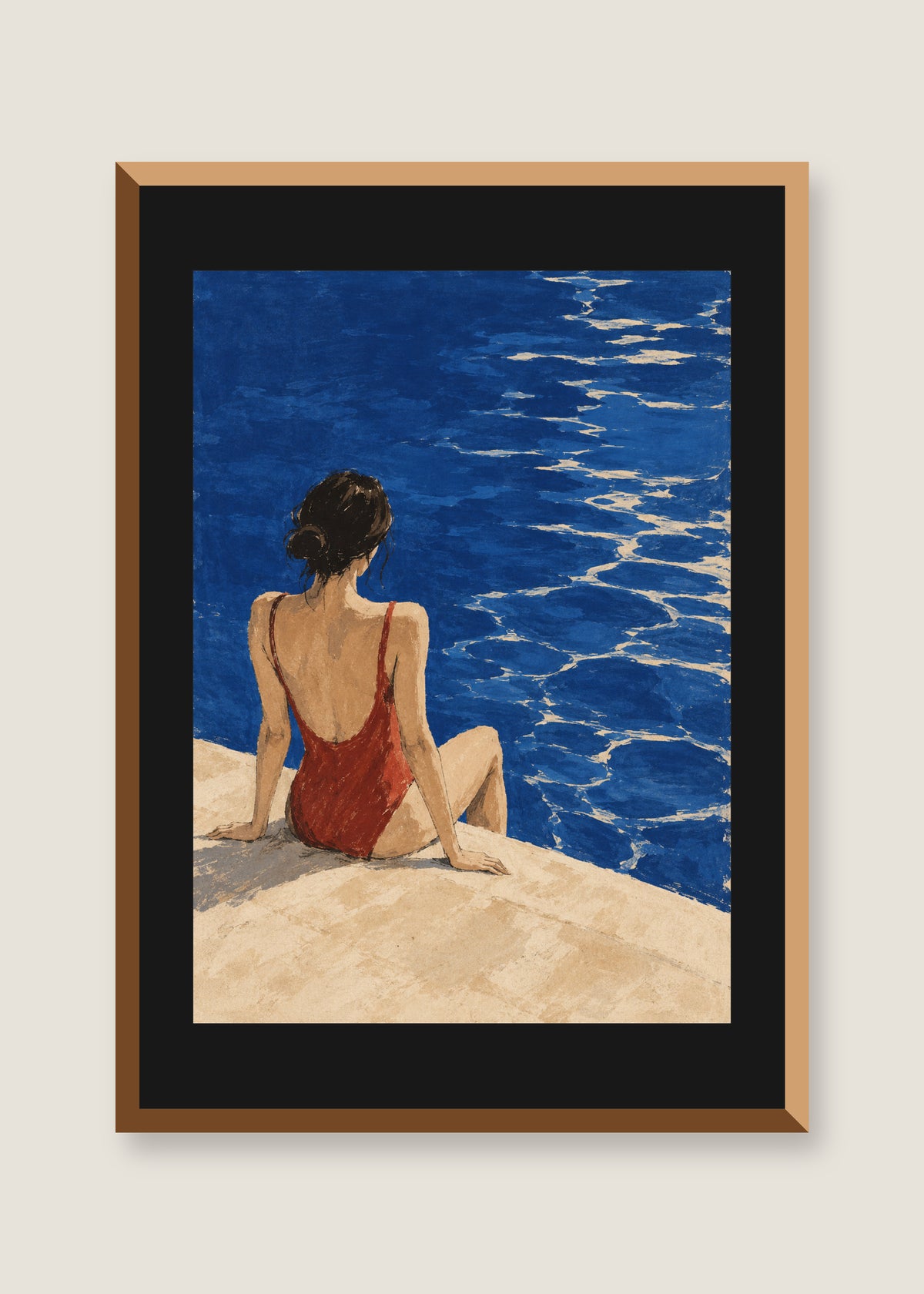 The Red Swimmer, Black mat with natural oak frame