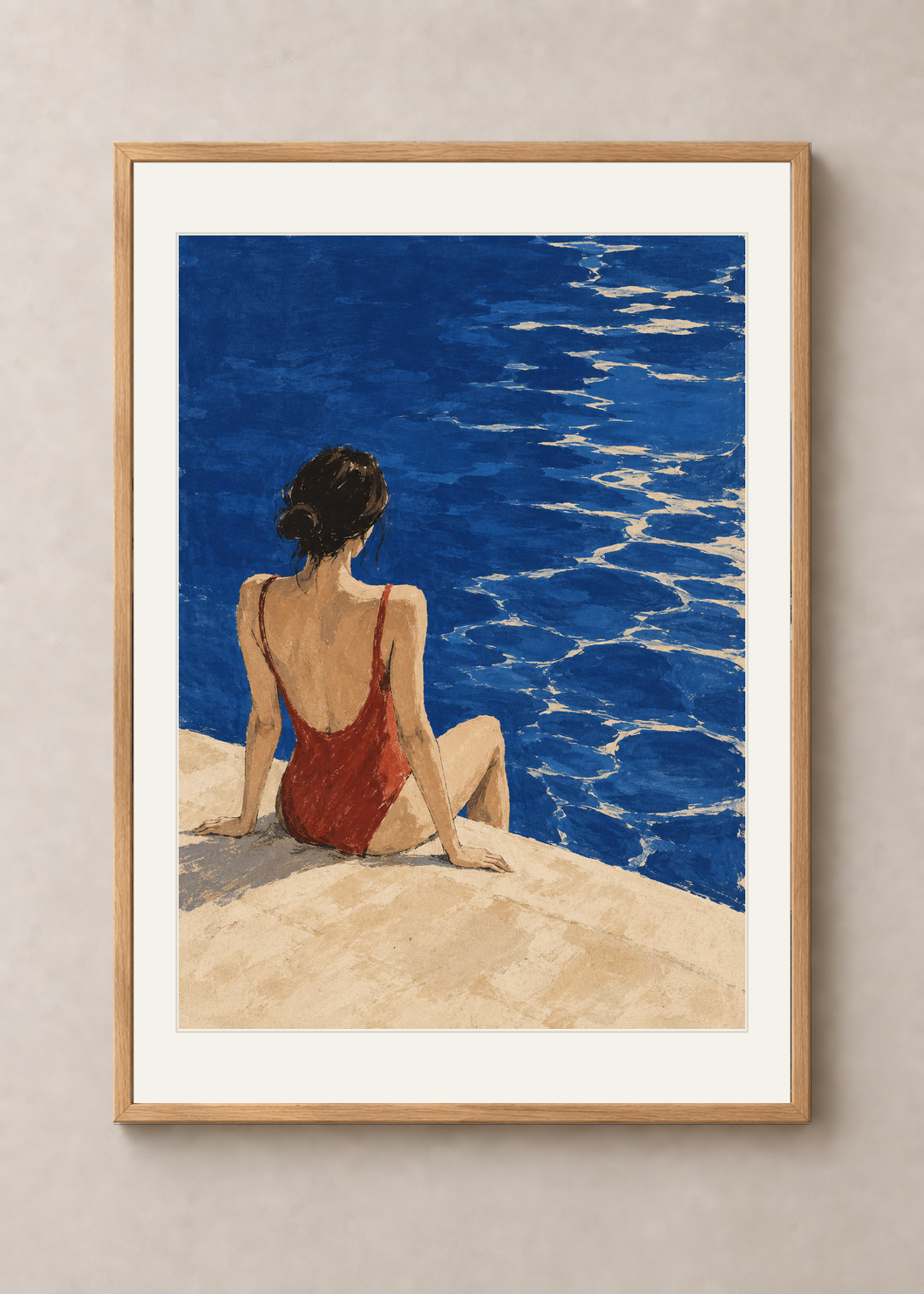 The Red Swimmer, natural oak Classic frame with Snow White mount, shown at 50 x 70 cm