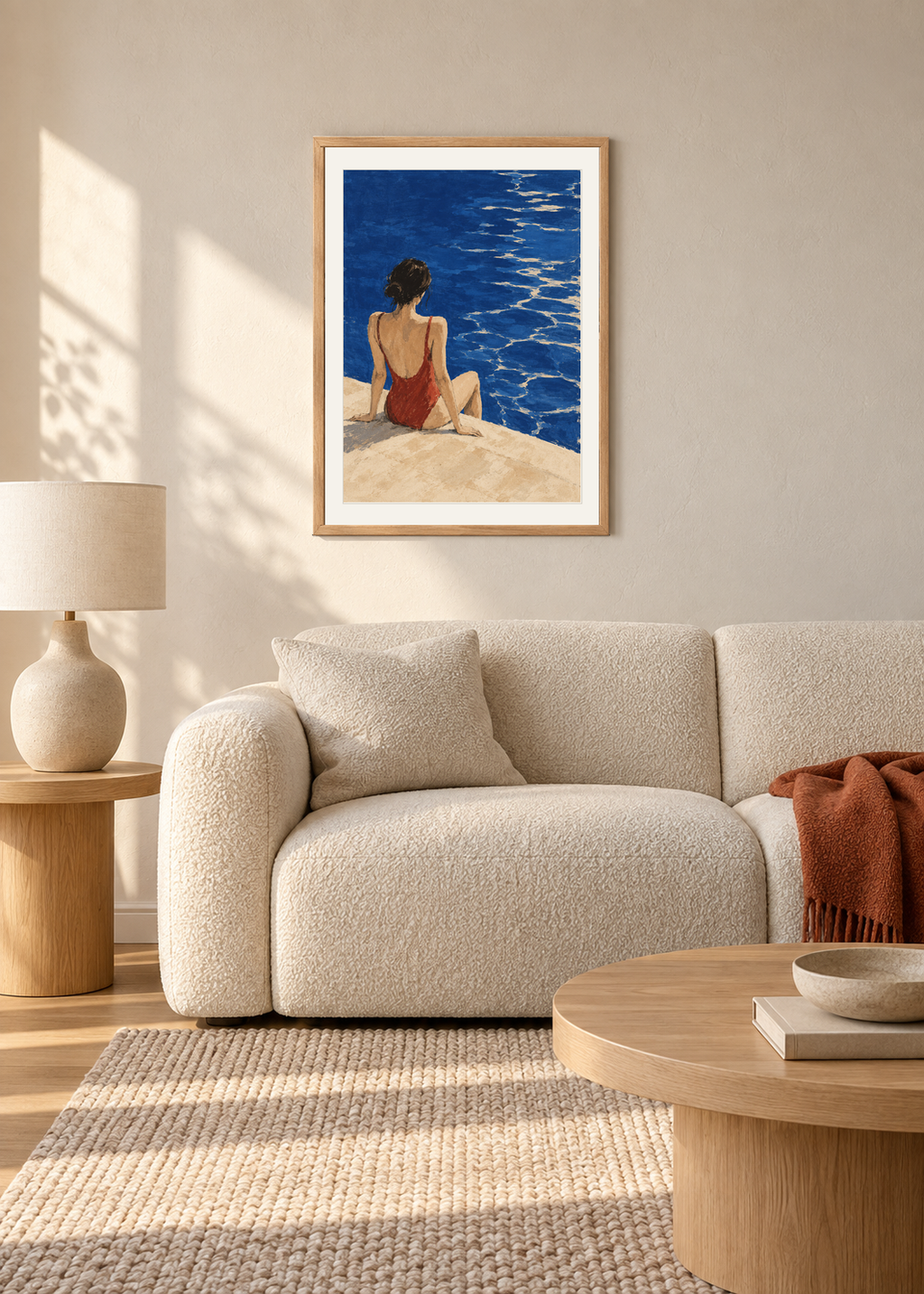 The Red Swimmer, natural oak framed lifestyle presentation with Snow White mount