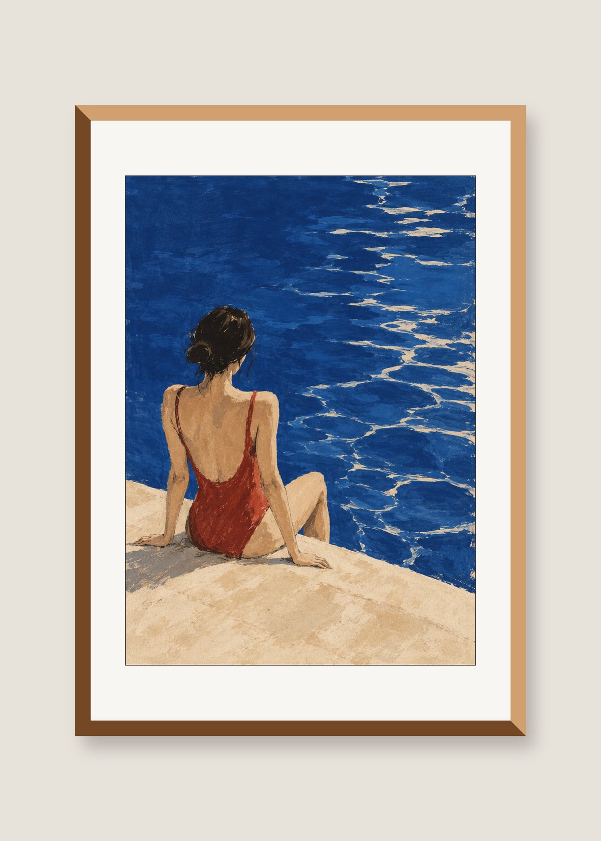 The Red Swimmer, White mat with natural oak frame