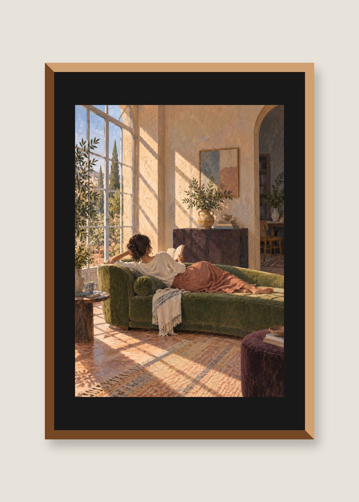 The Sunroom Pause, Black mat with natural oak frame