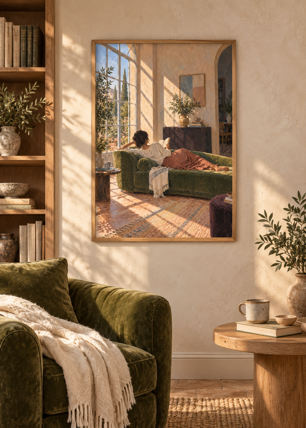The Sunroom Pause framed art print in a styled interior
