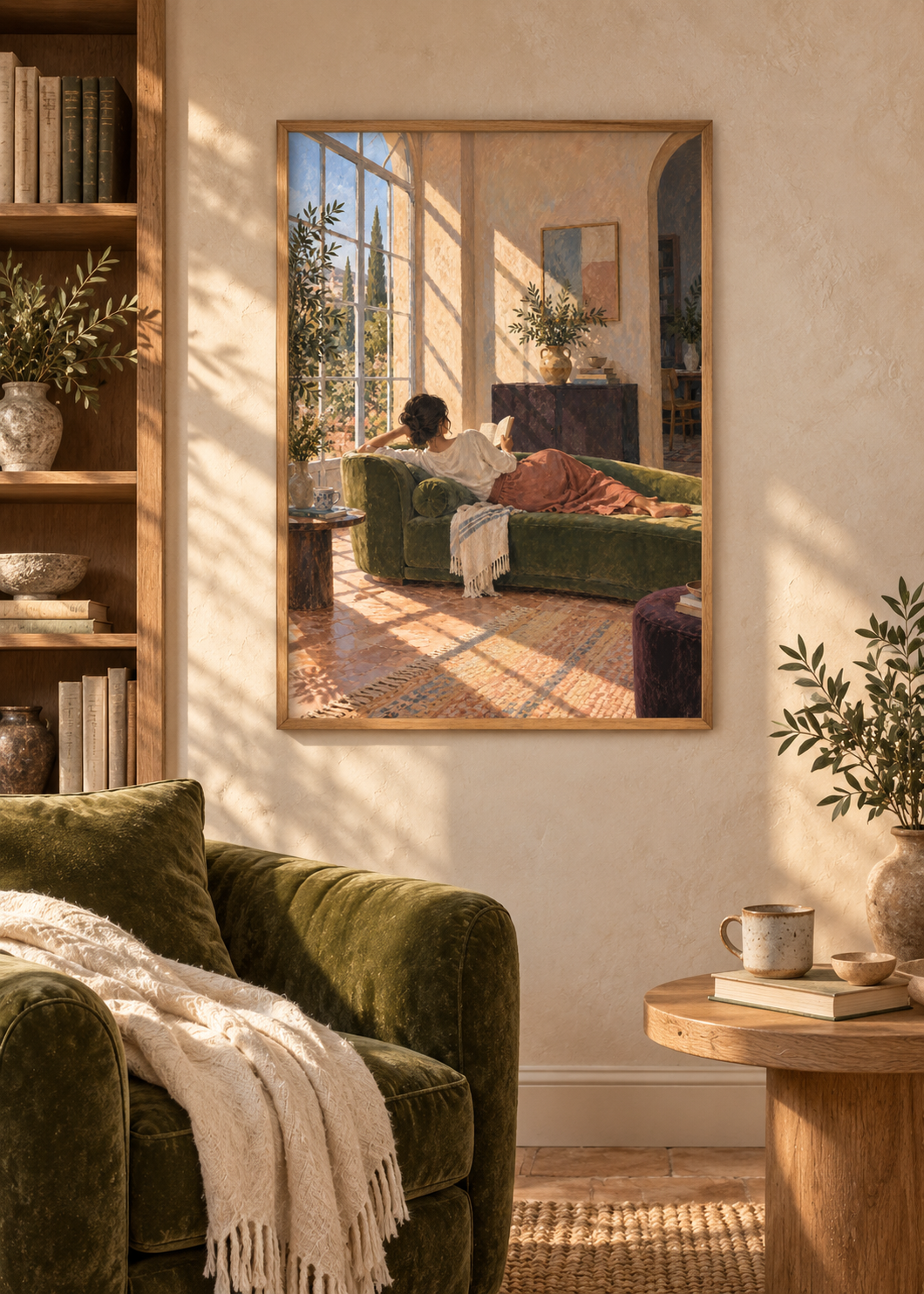 The Sunroom Pause framed art print in a styled interior