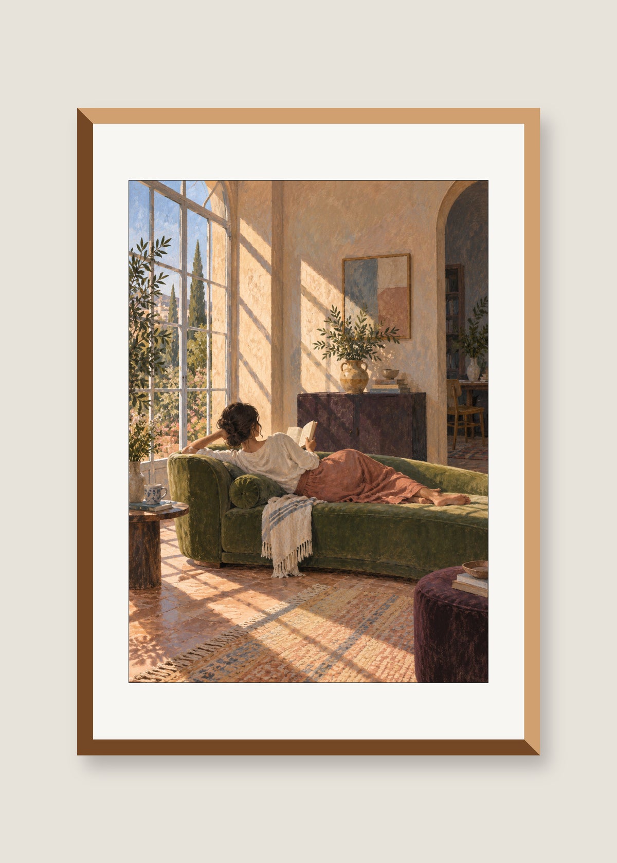 The Sunroom Pause, White mat with natural oak frame