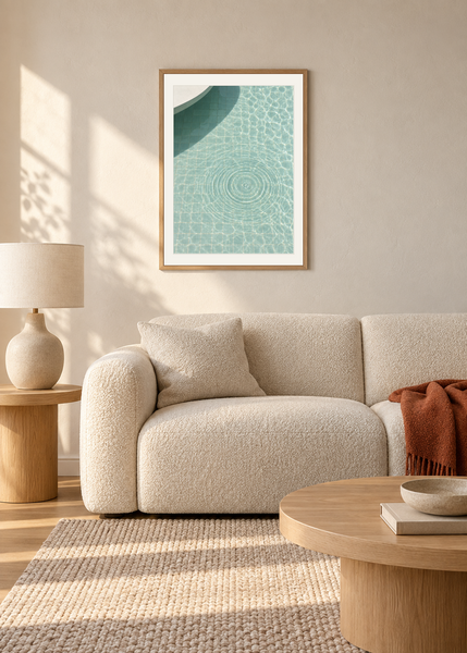 The Water Remembers, oak framed lifestyle room presentation with white mat
