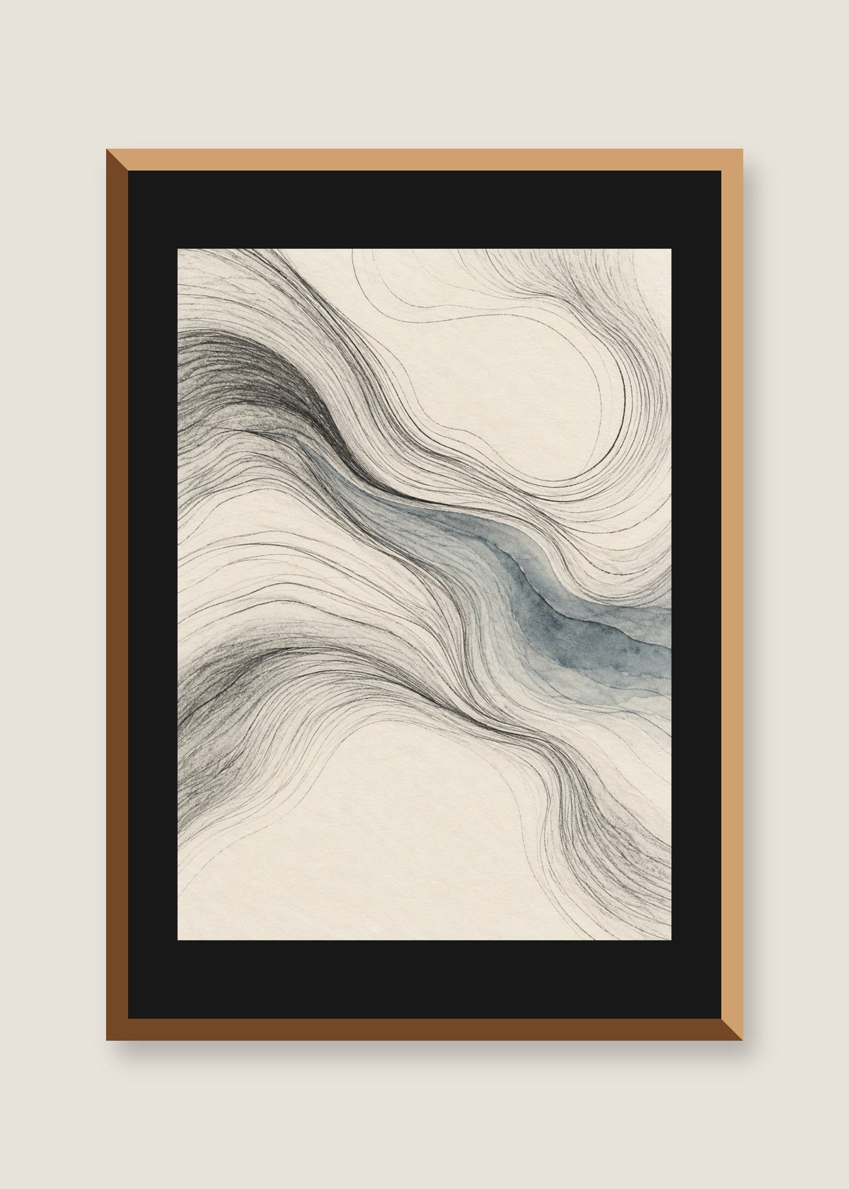 Tidal Contours, Black mat with natural oak frame