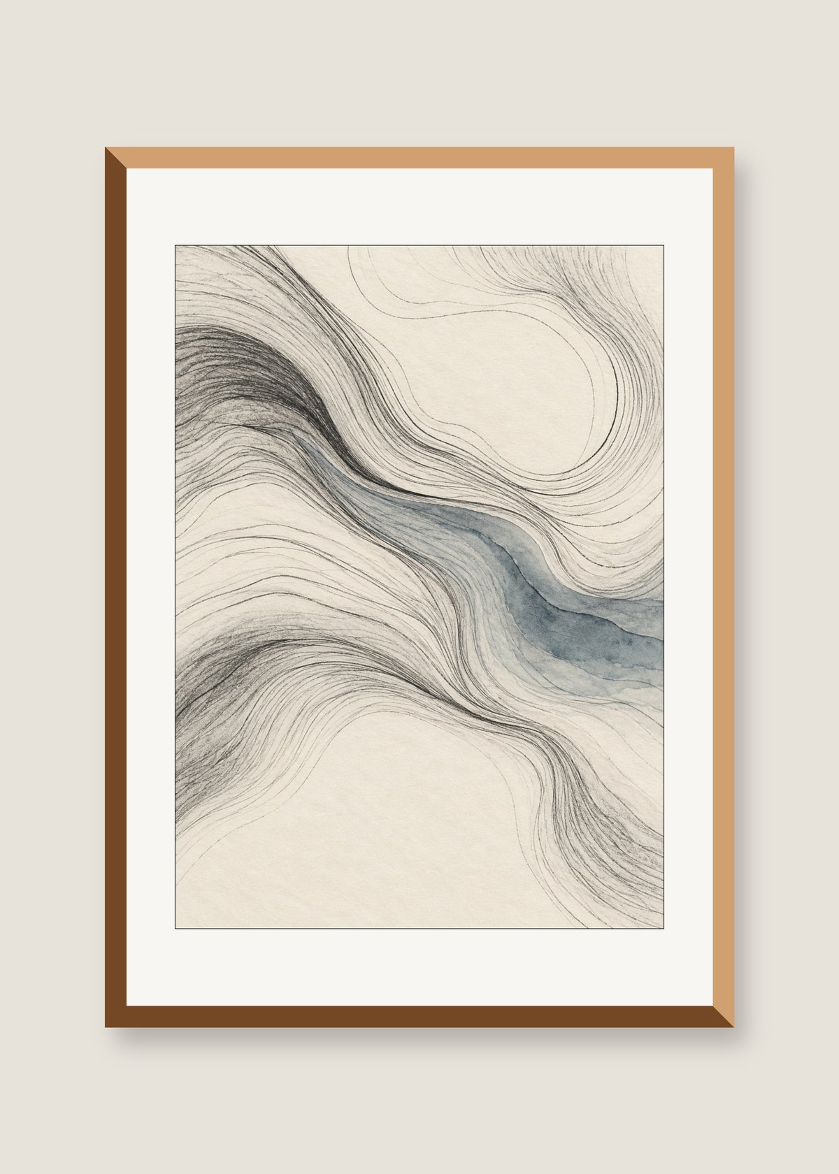 Tidal Contours, White mat with natural oak frame