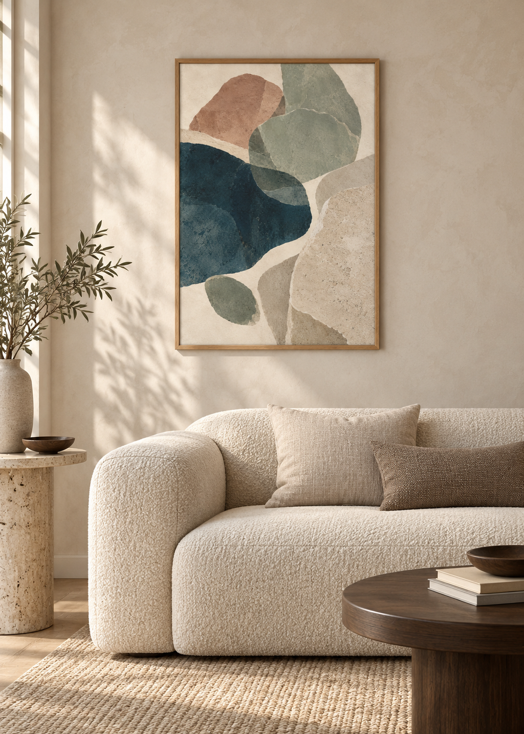 Tidal Forms I displayed in a 50 x 70 cm natural wood frame in a Scandinavian living room