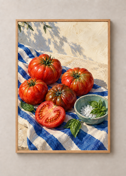 Tomatoes at the Lido art print in a natural wood 50 x 70 cm frame