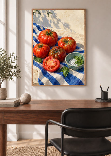 Tomatoes at the Lido framed art print in a modern interior