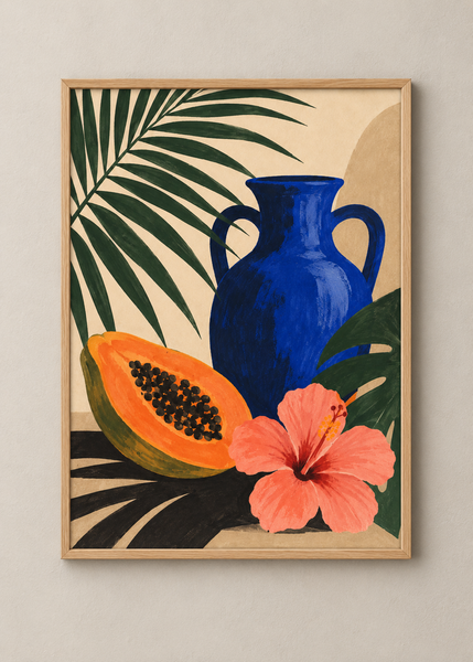 Tropic Assembly, framed 50 by 70 centimetre art print in natural wood