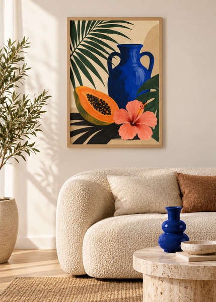Tropic Assembly, framed 50 by 70 centimetre art print styled in an interior