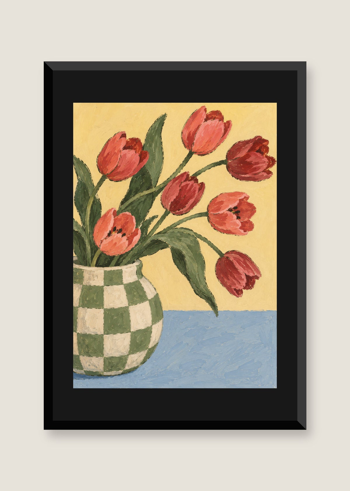 Tulips in the Checked Pitcher, Black mat with black frame