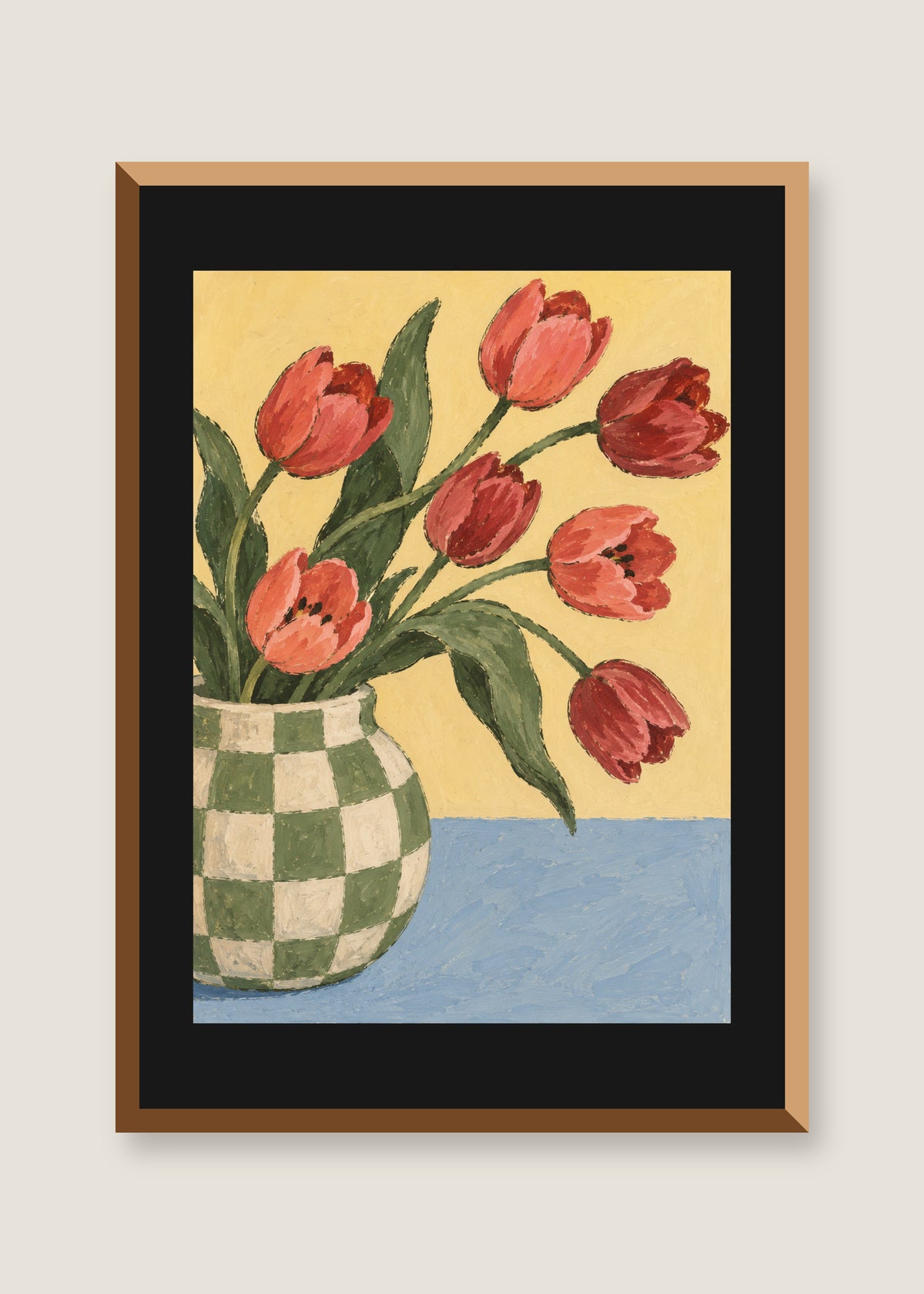 Tulips in the Checked Pitcher, Black mat with natural oak frame