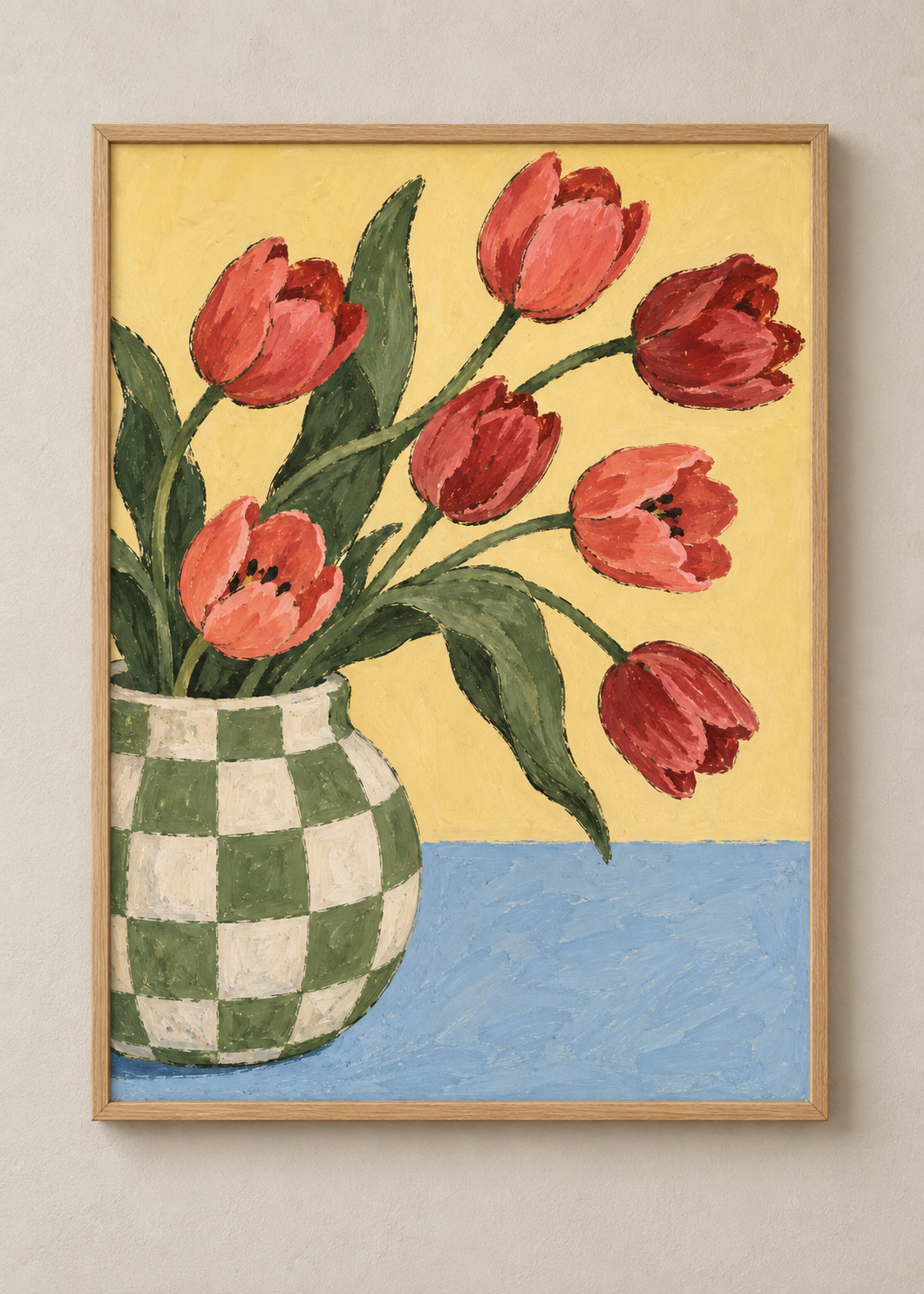 Tulips in the Checked Pitcher framed natural oak 50 x 70 cm art print
