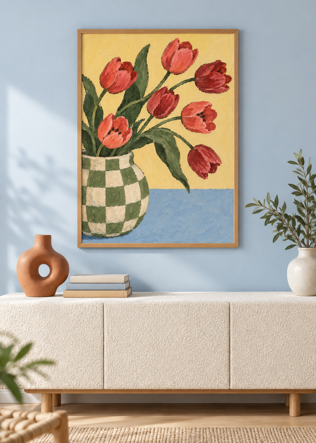 Tulips in the Checked Pitcher framed art print in a Nordic living room