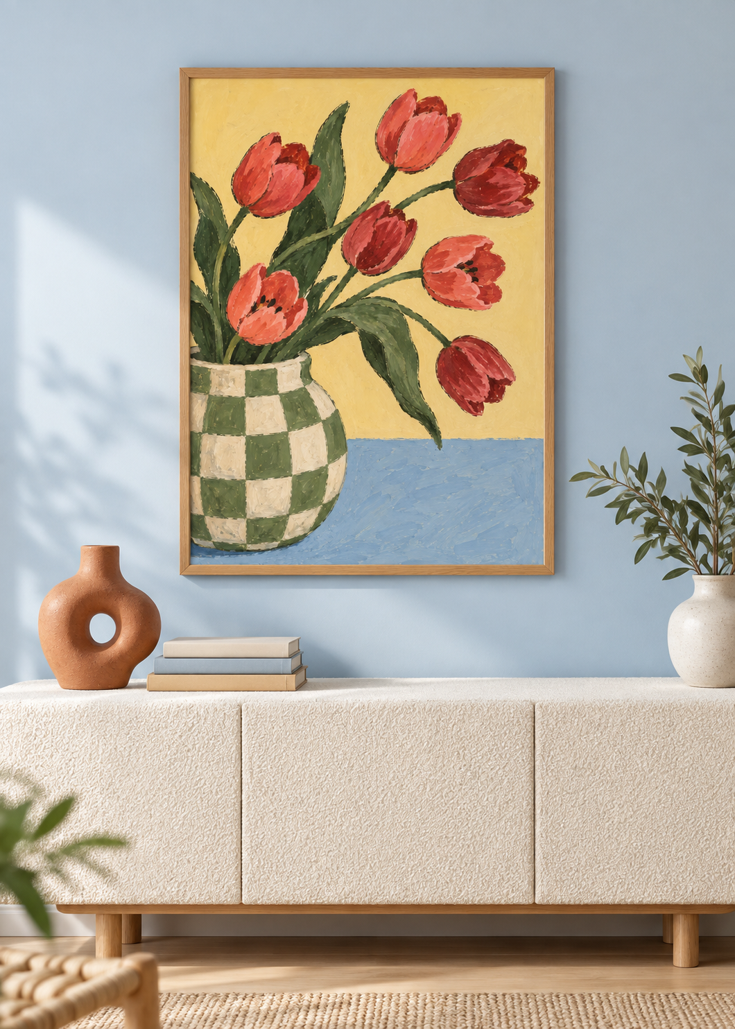 Tulips in the Checked Pitcher framed art print in a Nordic living room