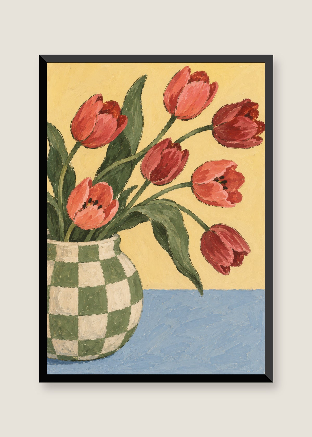 Tulips in the Checked Pitcher, No mat with black frame