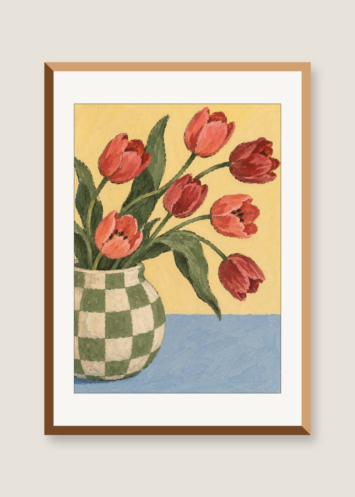 Tulips in the Checked Pitcher, White mat with natural oak frame