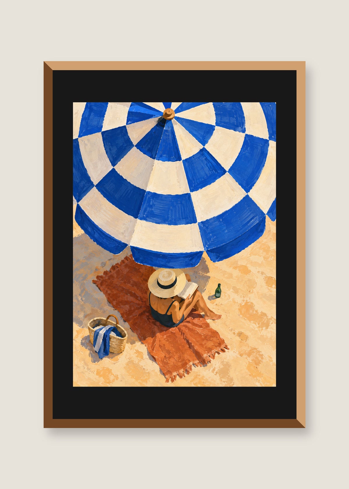 Under the Blue Parasol, Black mat with natural oak frame