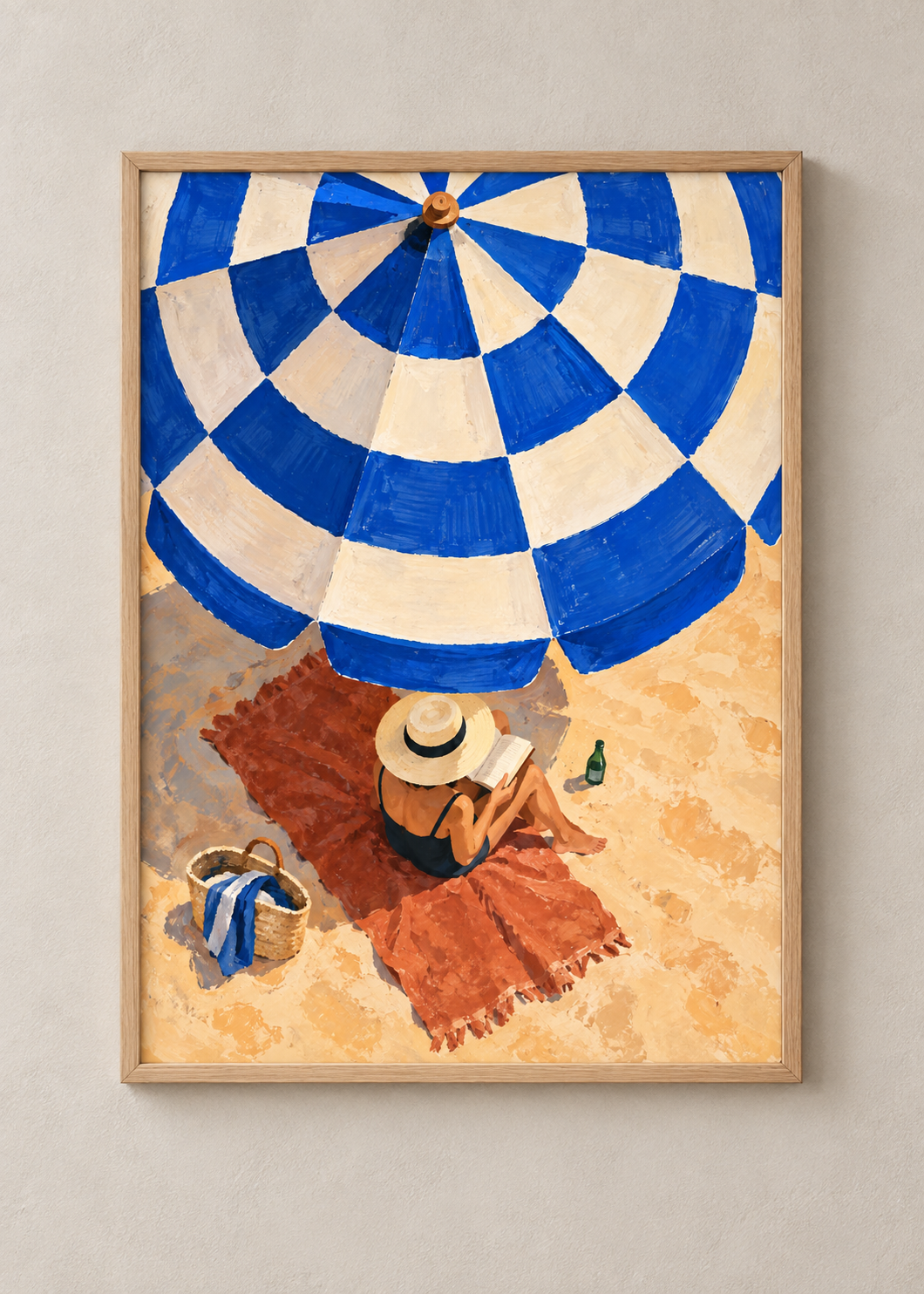 Under the Blue Parasol art print in a natural oak frame, shown at 50 x 70 cm