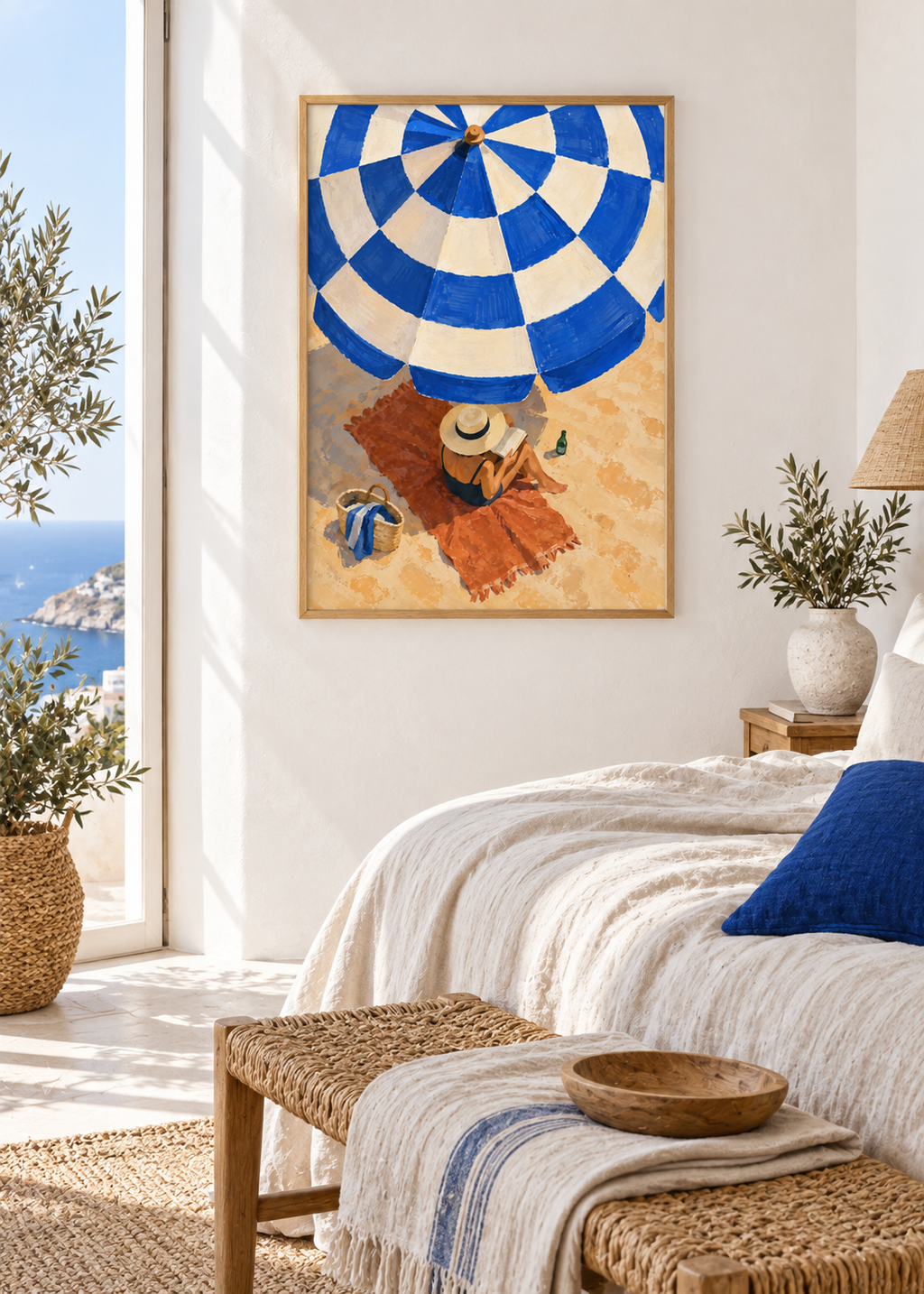 Under the Blue Parasol framed 50 x 70 cm poster styled in a contemporary interior