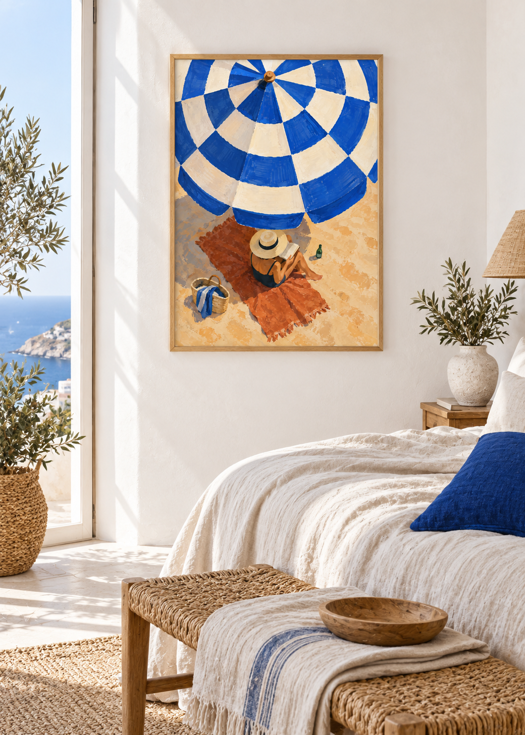 Under the Blue Parasol framed 50 x 70 cm poster styled in a contemporary interior