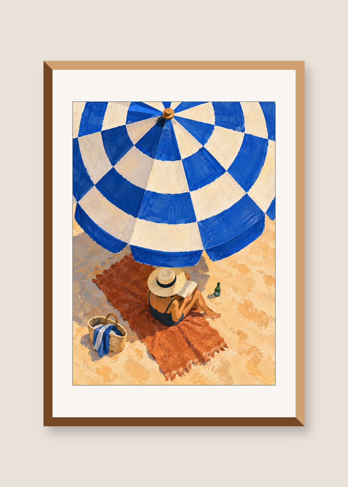 Under the Blue Parasol, White mat with natural oak frame