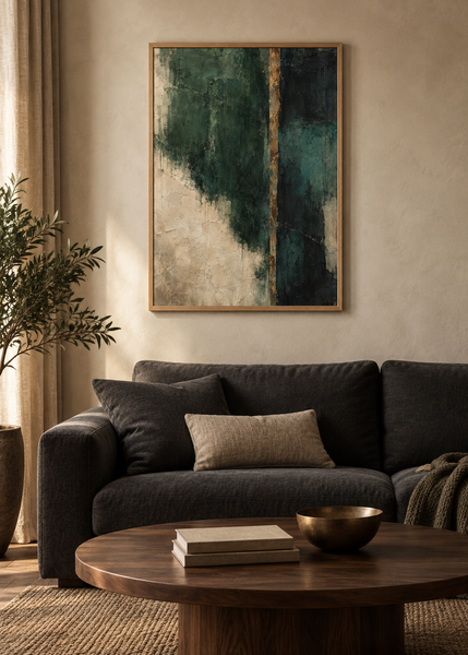 Verdant Relic, framed 50 by 70 centimetre art print styled in an interior