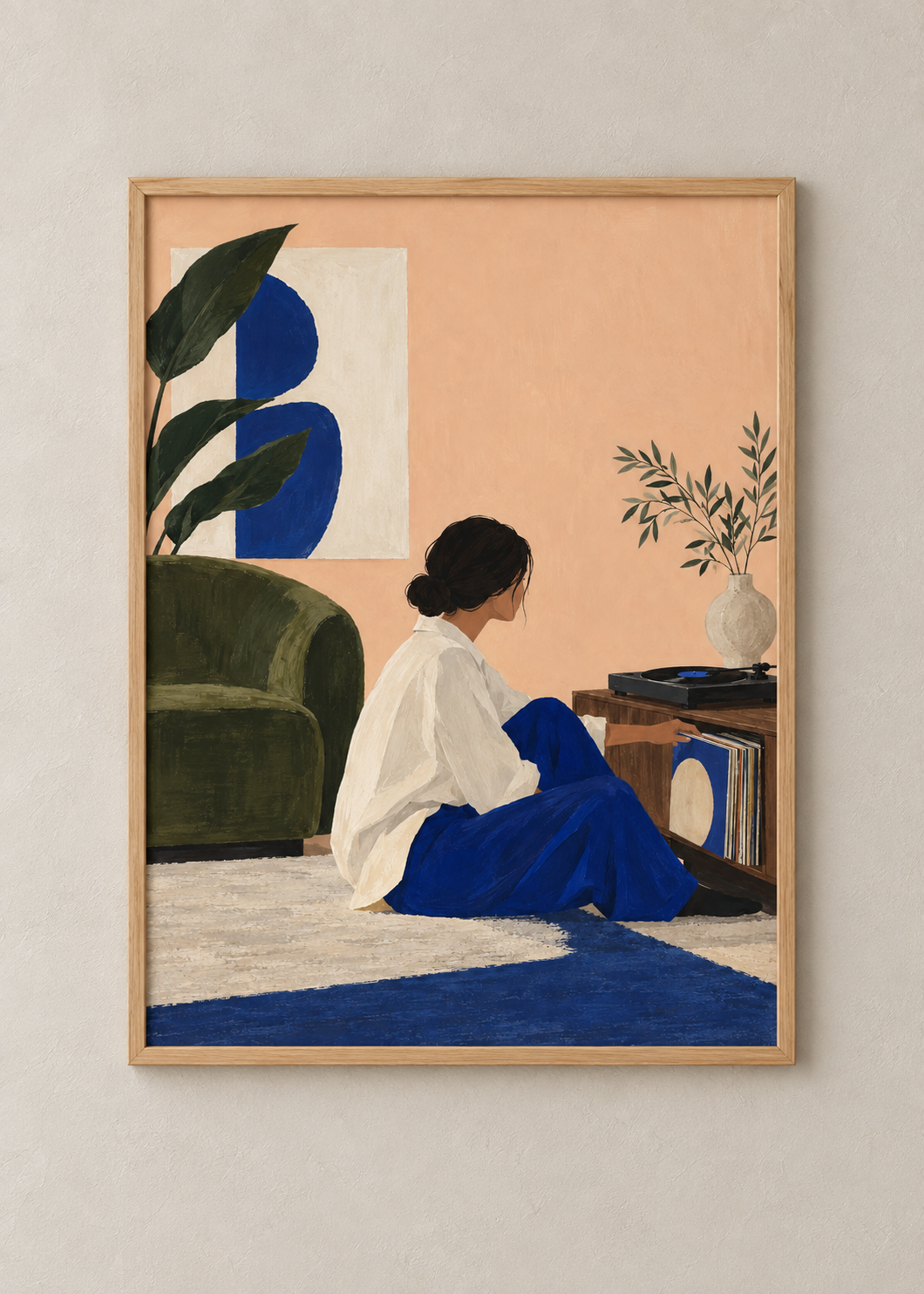 Vinyl Sunday art print in a natural oak frame, shown at 50 x 70 cm
