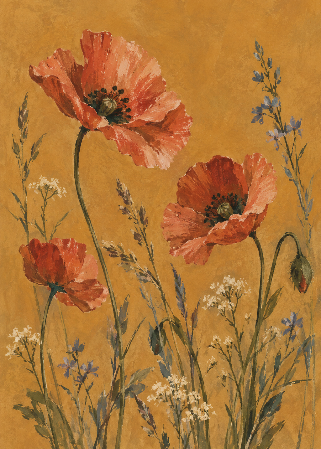 Wild Poppies on Ochre botanical artwork, 50 x 70 cm proportion