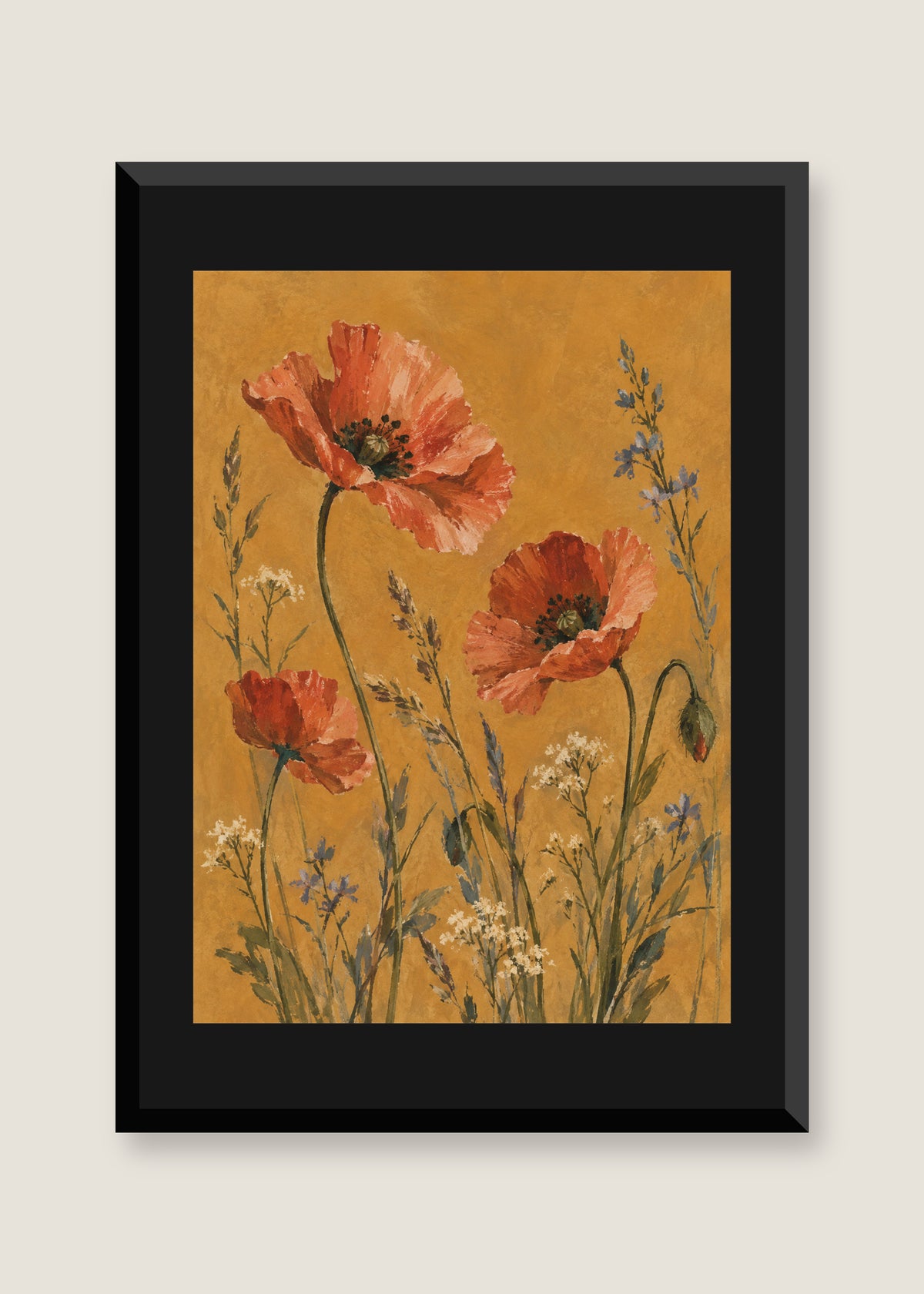 Wild Poppies on Ochre, Black mat with black frame