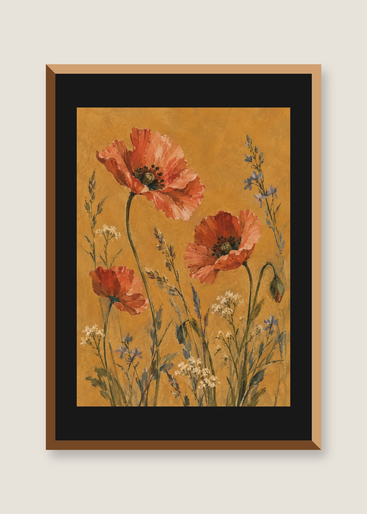 Wild Poppies on Ochre, Black mat with natural oak frame